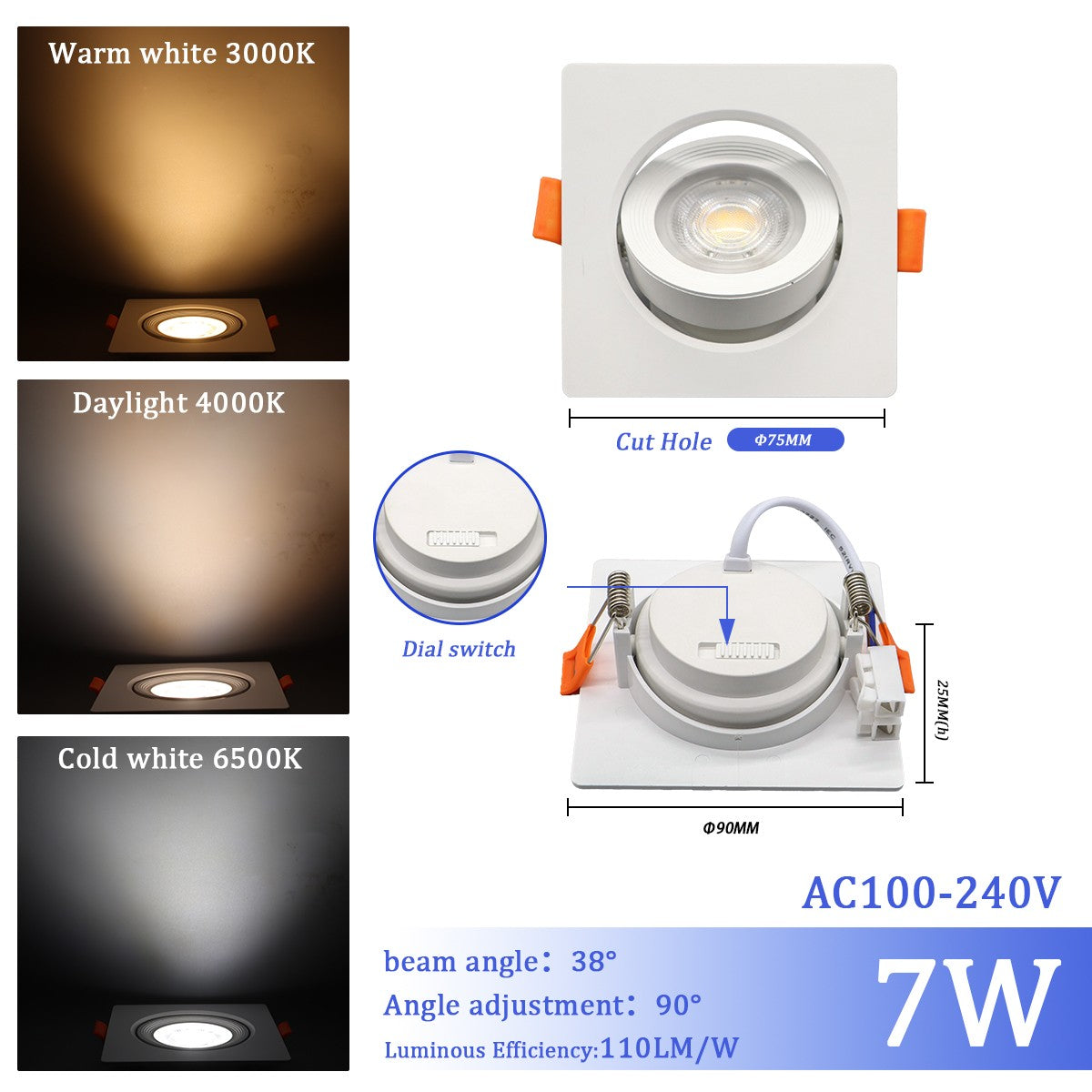 1-10pcs LED Change color 3 CCT 3000K 4000K 6000K LED Ceiling Spotlight embedded light 7W AC 110V 220V Adjust 90° lighting Spot