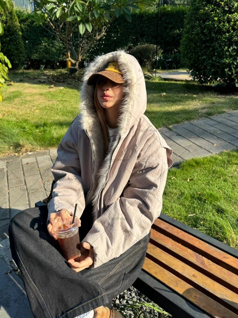 High Street Trendy Y2K Streetwear Parkas Punk Harajuku Retro Fur Collar Bomber Jacket Men Hip-hop Loose Casual Warm Coat Women