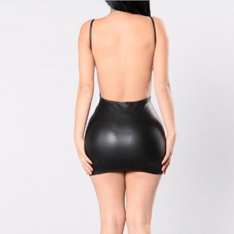 Sexy Faux Leather Dress Backless Club Party Short Dress Solid Black Wet Look Lat