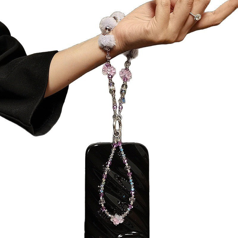 Autumn/Winter Plush Phone Strap Floral Beaded Crystal Pom-Pom Handbag Chain New Trendy Accessory for Smartphones