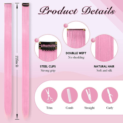 22 Inch Hair Extensions Clip ins, 6/12 Pcs Pink Hair Extensions Colored Hair Extensions  Party Highlights Long synthetic Hair