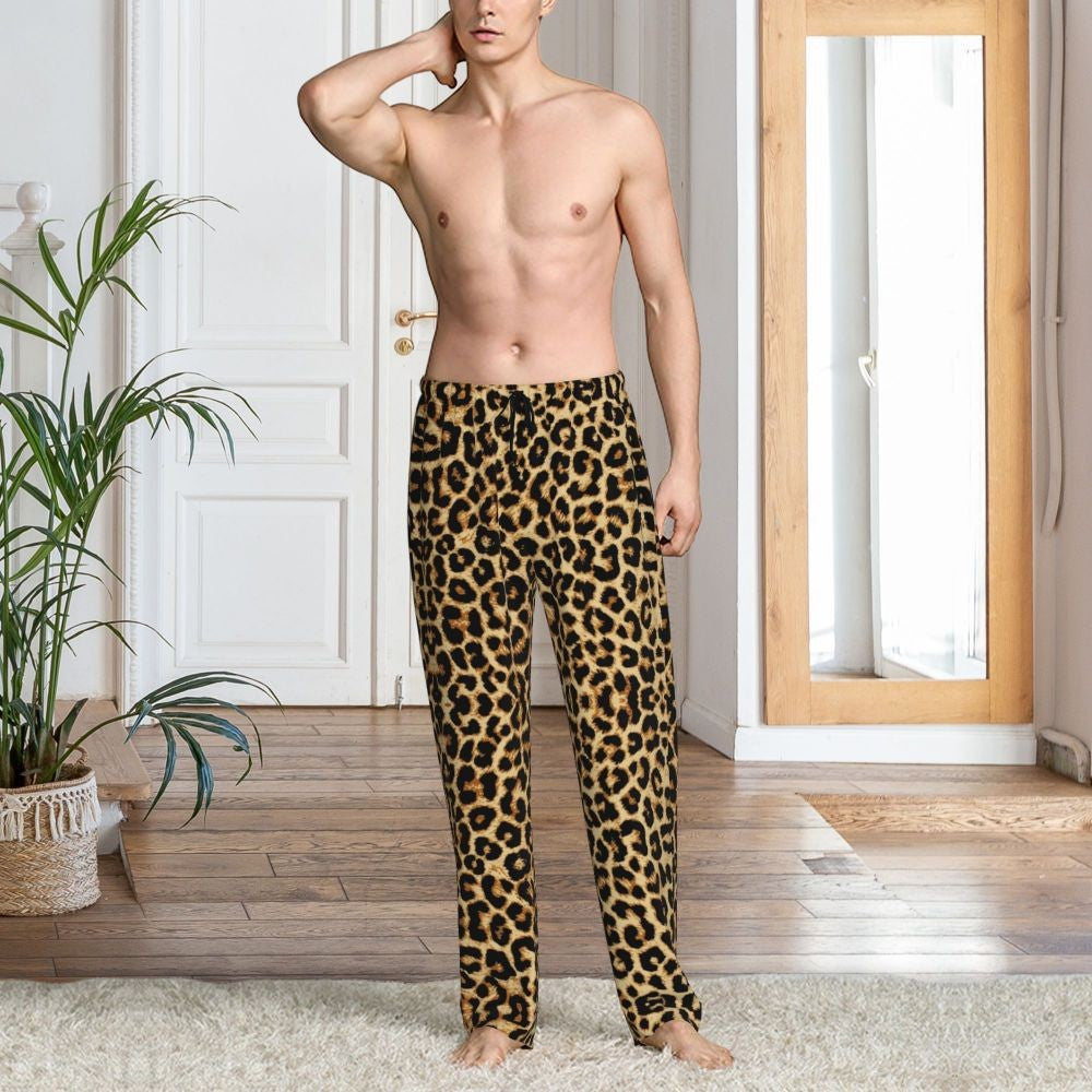 Custom Leopard Print Pajama Pants Men's Animal Skin Sleepwear Lounge Sleep Bottoms Stretch with Pockets