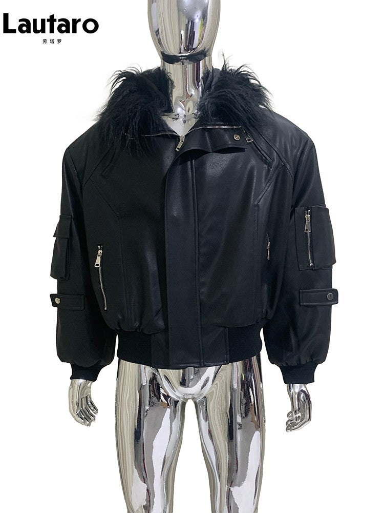 Mauroicardi Autumn Winter Short Oversized Black Warm Pu Leather Jacket Men with Faux Fur Trim Hood Loose Casual Korean Fashion