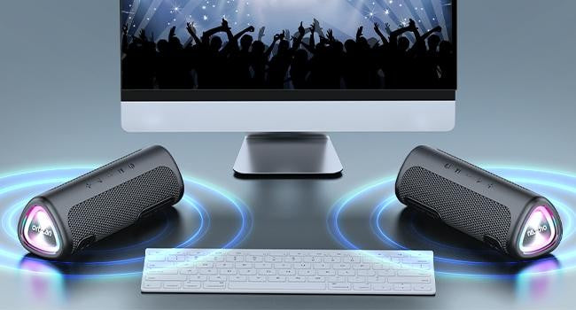 Caixa de Som Bluetooth Ortizan M7, Caixa de Som Portátil com 24W de Som Estéreo Potente, Luzes RGB, Entrada AUX, TF, Bluetooth 5.3, À Prova D'água IPX7