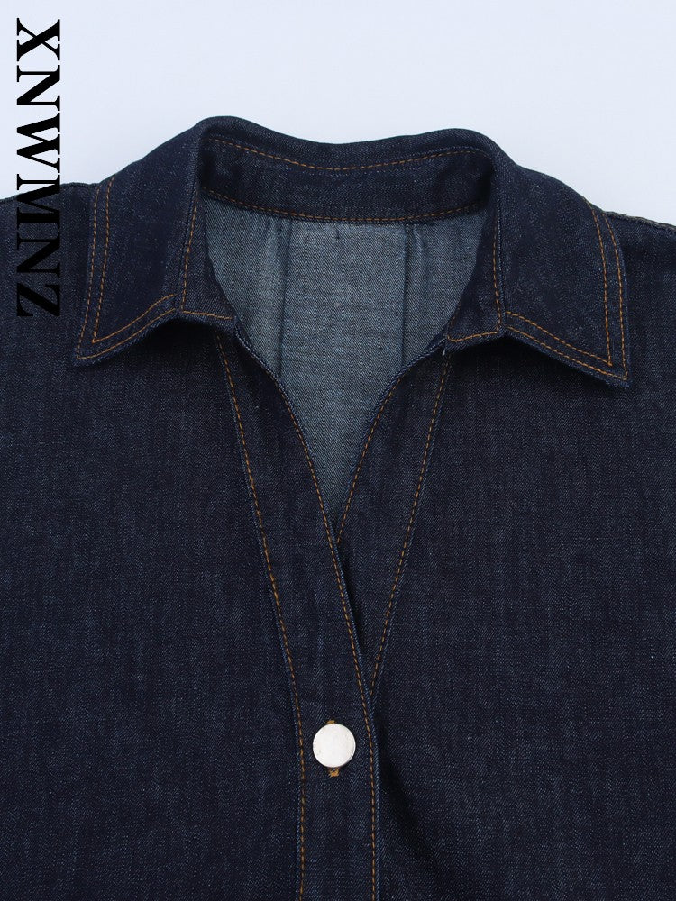 XNWMNZ 2025 Summer Woman's Casual Commuting Long Sleeve Denim Long Sleeve Top Simple Lady Blue Turn-down Collar Fashion Shirt