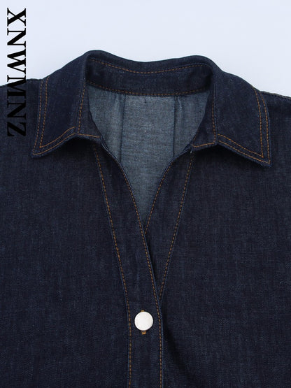 XNWMNZ 2025 Summer Woman's Casual Commuting Long Sleeve Denim Long Sleeve Top Simple Lady Blue Turn-down Collar Fashion Shirt