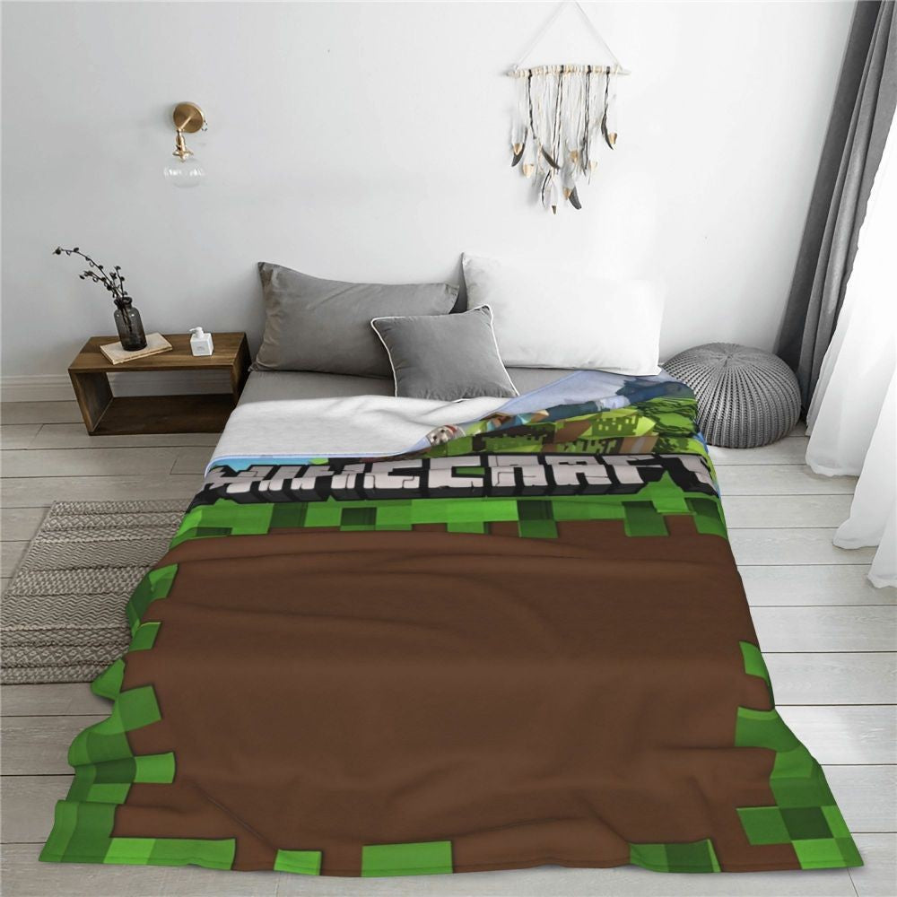 Cartoon Mines Pixel Game Crafts Flannel Blanket Super Warm Throw Blanket for Home Decor Decorative Street Trend Bedspread