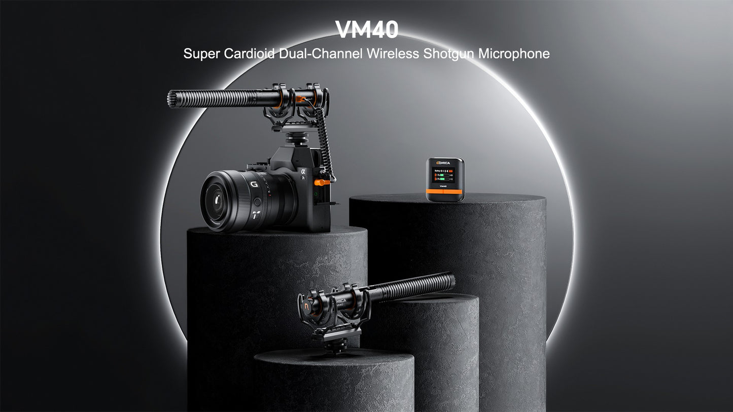 Comica VM40 2.4G Super Cardioid Microfone Shotgun Sem Fio de Canal Duplo, Modos duplo com e sem fio, para Câmera/Smartphone/PC