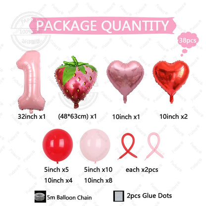 38pcs Strawberry Balloon Pink Number Birthday Balloon Set Fruit Theme Party Decoration Festival Balloon Photography Props