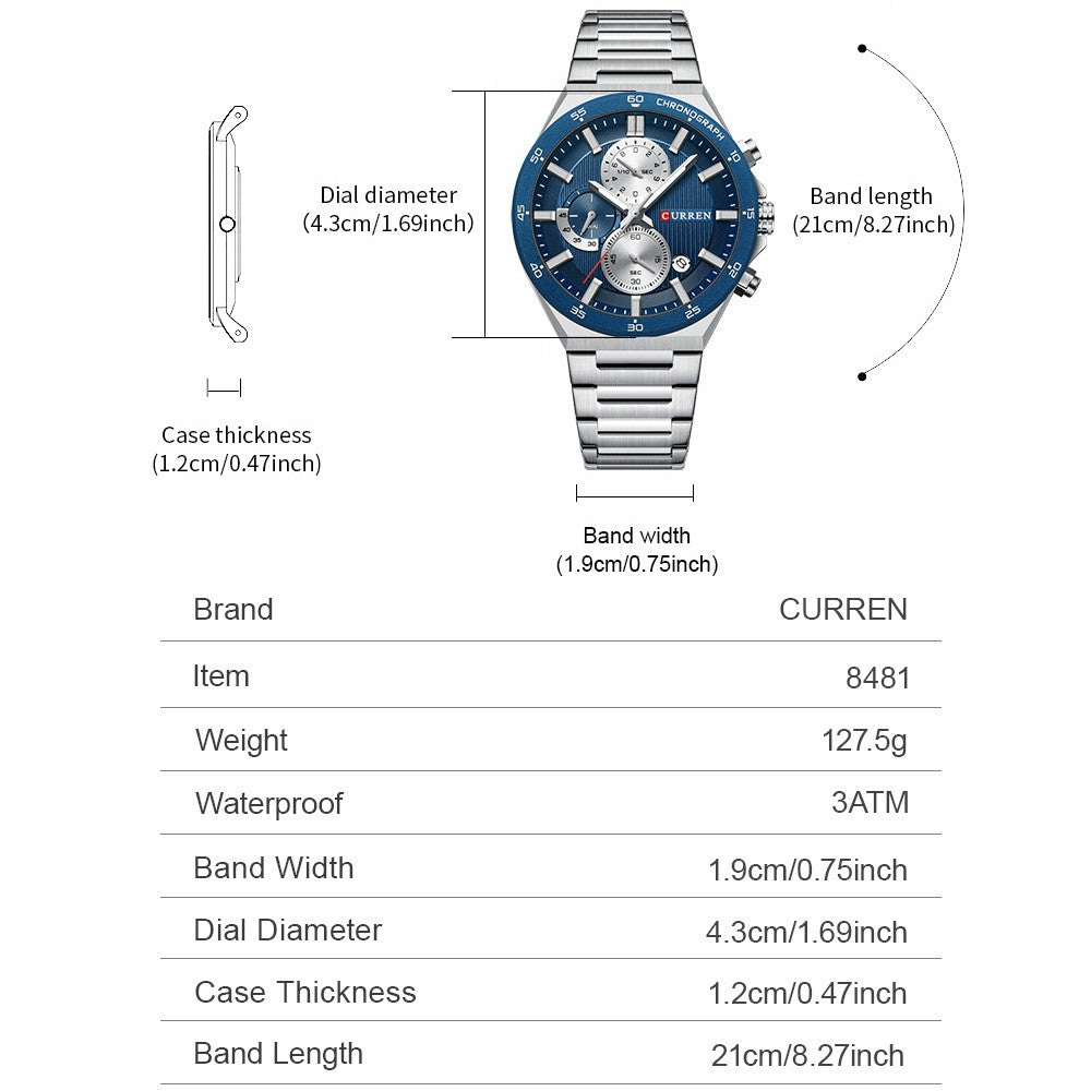 CURREN Classic 43mm Men's Watch Chronogrph Quartz Wristwatch with Stainless Steel Band Luminous Hands Auto Date