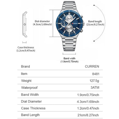CURREN Classic 43mm Men's Watch Chronogrph Quartz Wristwatch with Stainless Steel Band Luminous Hands Auto Date