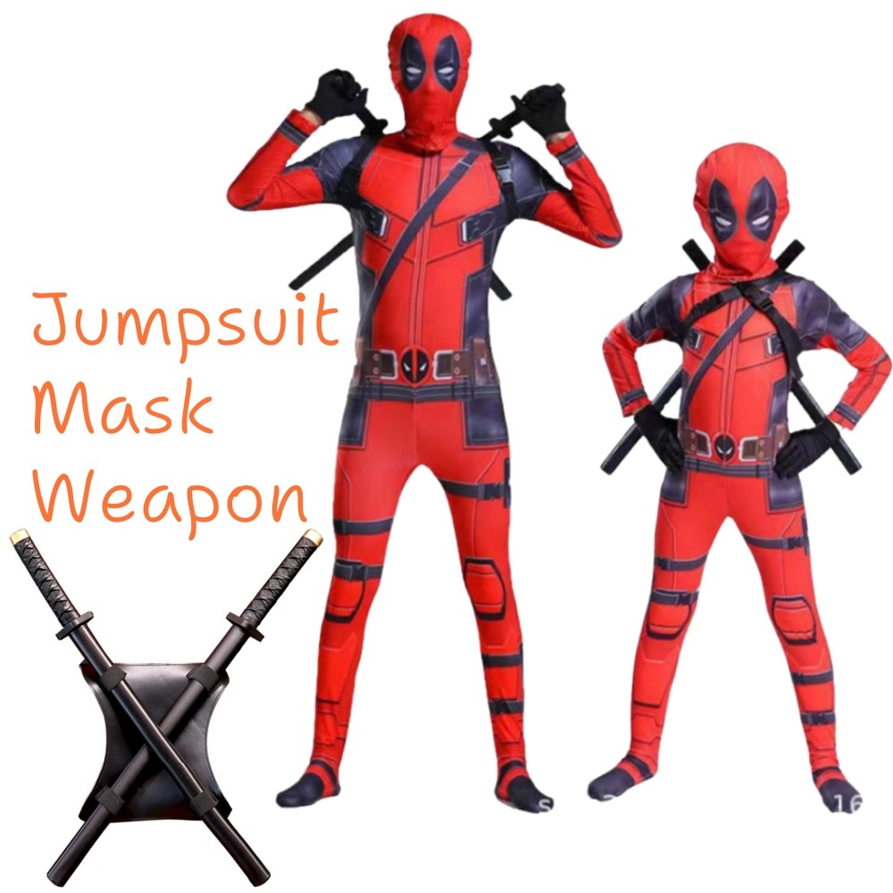 Adult Kids Deadpool Cosplay Costume Bodysuit Outfits Superhero Jumpsuit Boys Movie Character Dress Up Mask Costumes With Swords