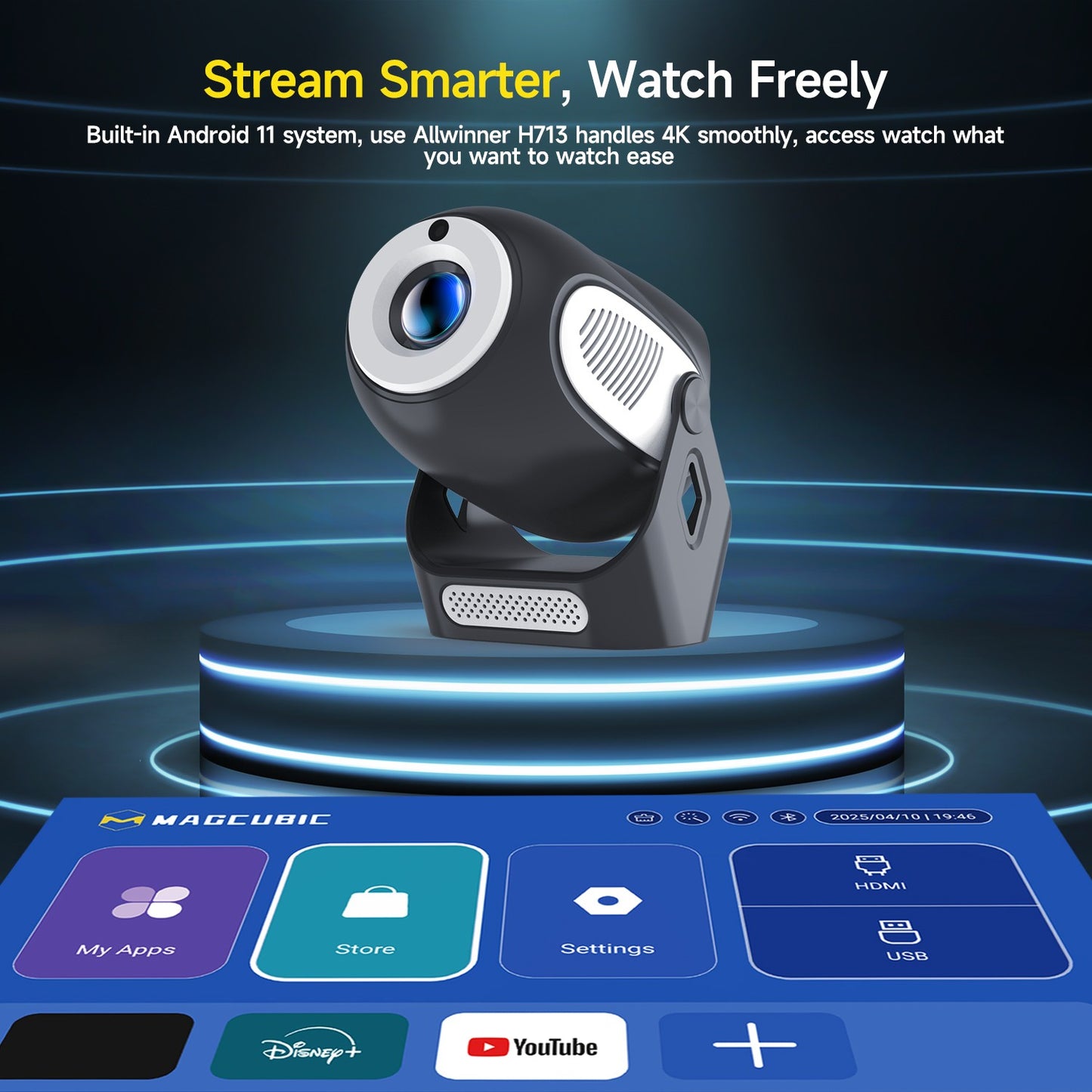 Magcubic HY300 X 4K 720P Android 11 Projetor com Foco Elétrico 300Ansi Wifi6 BT5.0 Projetor Portátil Som HIFI para Casa e Ar Livre