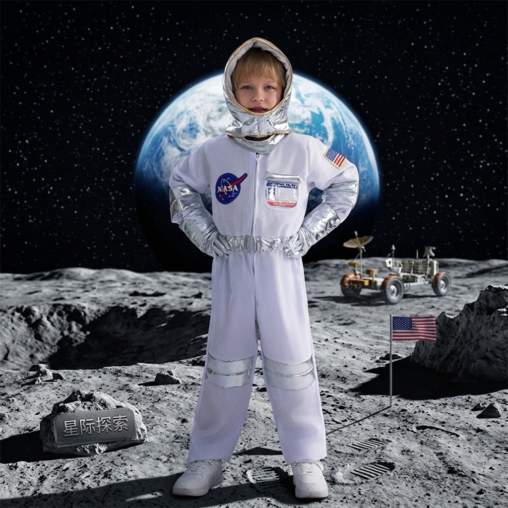 Halloween Space Suit Jumpsuit Cosmic Astronaut Costume Metallic Silver Unisex Family Party Dress Up
