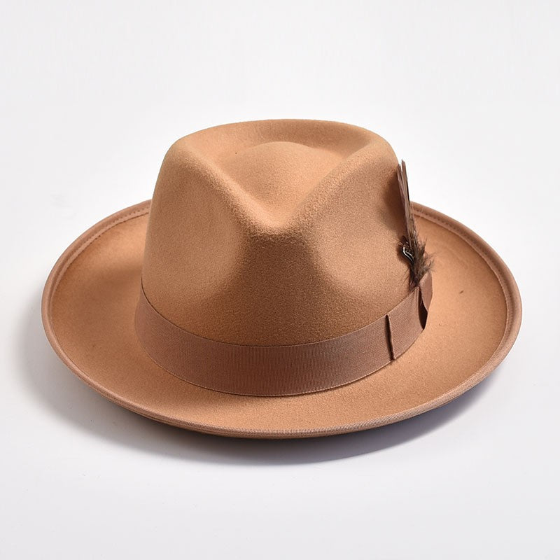Handmade Feathers Felt Fedora Hat Vintage Men Panama Trilby Hats Curved Brim Gentleman Party Dress Cap