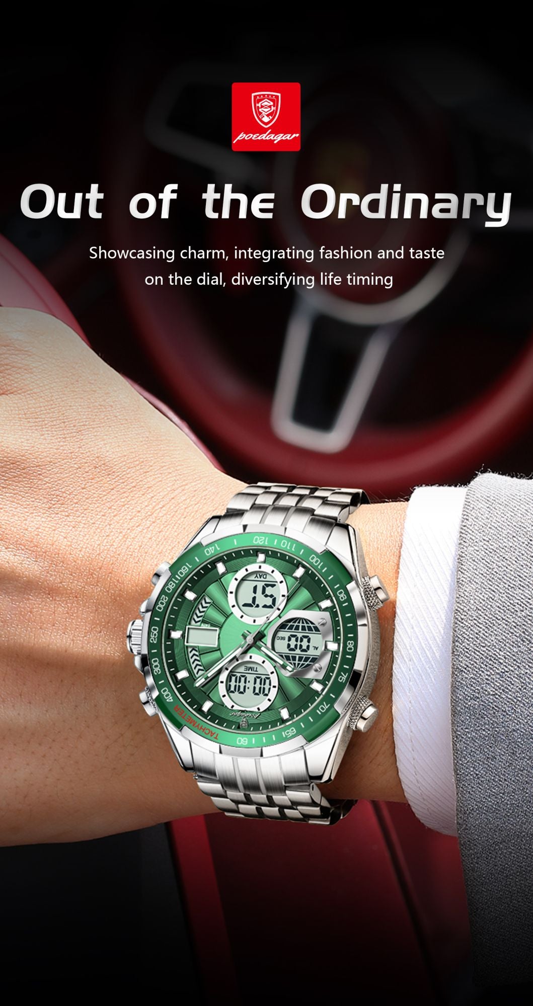 POEDAGAR Top Man Clock Waterproof Electronic LED Luxury Men's Watches Dual Time Display Digital Stainless Steel Men Quartz Watch