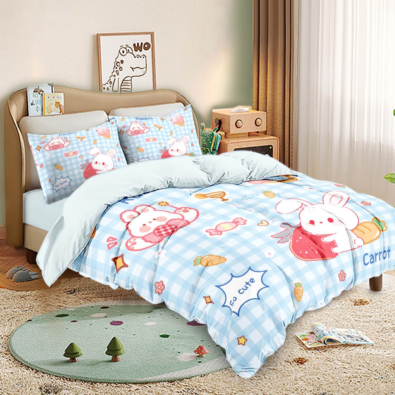 3PCS Cartoon Grid Rabbit Theme Series Bedding Set Full Size Kids,Rabbit Comforter Cover for Boys Girls Bedroom Decor