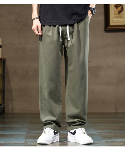 100% Cotton Men's Loose Wide Leg Pants Elastic Waist Fashion ArmyGreen Khaki Korean Streetwear Autumn Straight Trousers