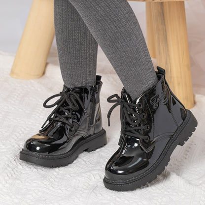 Autumn and Winter Children's Shoes Waterproof PU Leather Children's Boots Fashion Toddler Lace-up Zip High Boots Boys Girls