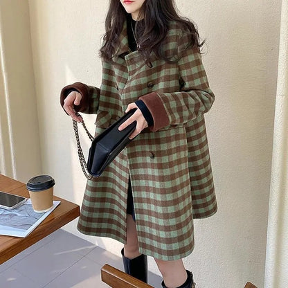 2024 Autumn Winter Women Double Sided Woolen Coat Color matching Woolen Jacket Female Doll collar Mid length Leisure Outerwear