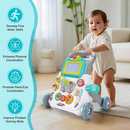 Baby Cartoon Push Walker Toy with Music Drawing Board Multifunction Activity Learning Walk Toddler Walker for 6-15 Months Infant