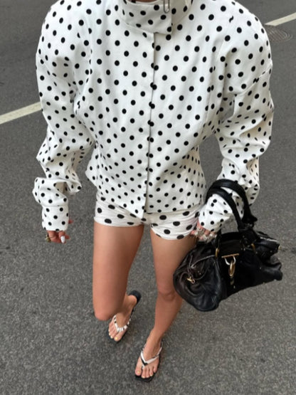 Polka Dot Stand Neck Short Jackets Women Fashion Long Sleeve Patchwork Contrast Slim Coats Casual Lady Street Commute Outerwear