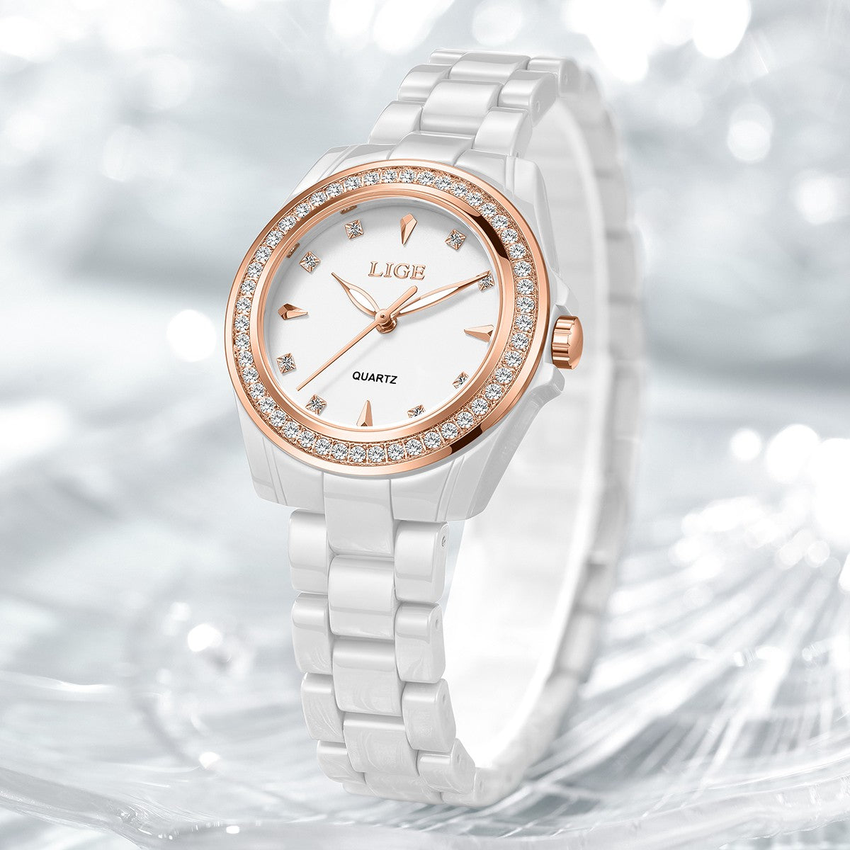 LIGE Fashion Elegant Watch for Women Ceramics Strap Diamond wristwatch Luxury Ladies Bracelet Quartz Watches Gifts Reloj Mujer