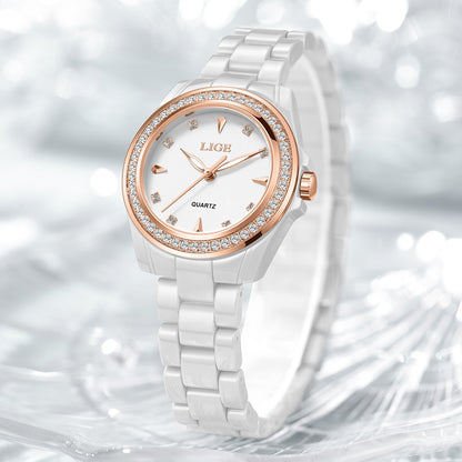 LIGE Fashion Elegant Watch for Women Ceramics Strap Diamond wristwatch Luxury Ladies Bracelet Quartz Watches Gifts Reloj Mujer