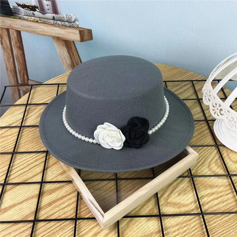 Chapéu Fedora Feminino Corrente Floral Alta Costura com Alfinetes de Pérola Boné em Relevo Preto Branco Outono Inverno Chapéu de Aba Larga para Meninas