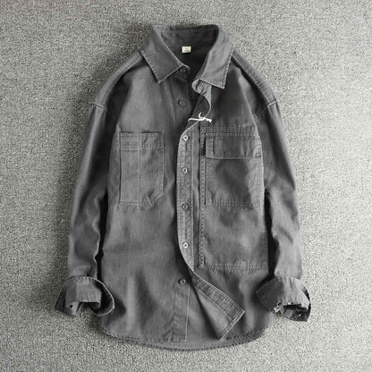 Autumn New Japanese Retro Woven Twill Cargo Shirt Men's Amekaji 100% Cotton Washed Long Sleeve Double Pocket Casual Thin Coat