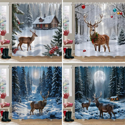 Winter Snow Forest Deer Shower Curtain Christmas Nature Landscape Christmas Gift Polyester Fabric Shower Curtains Bathroom Dec