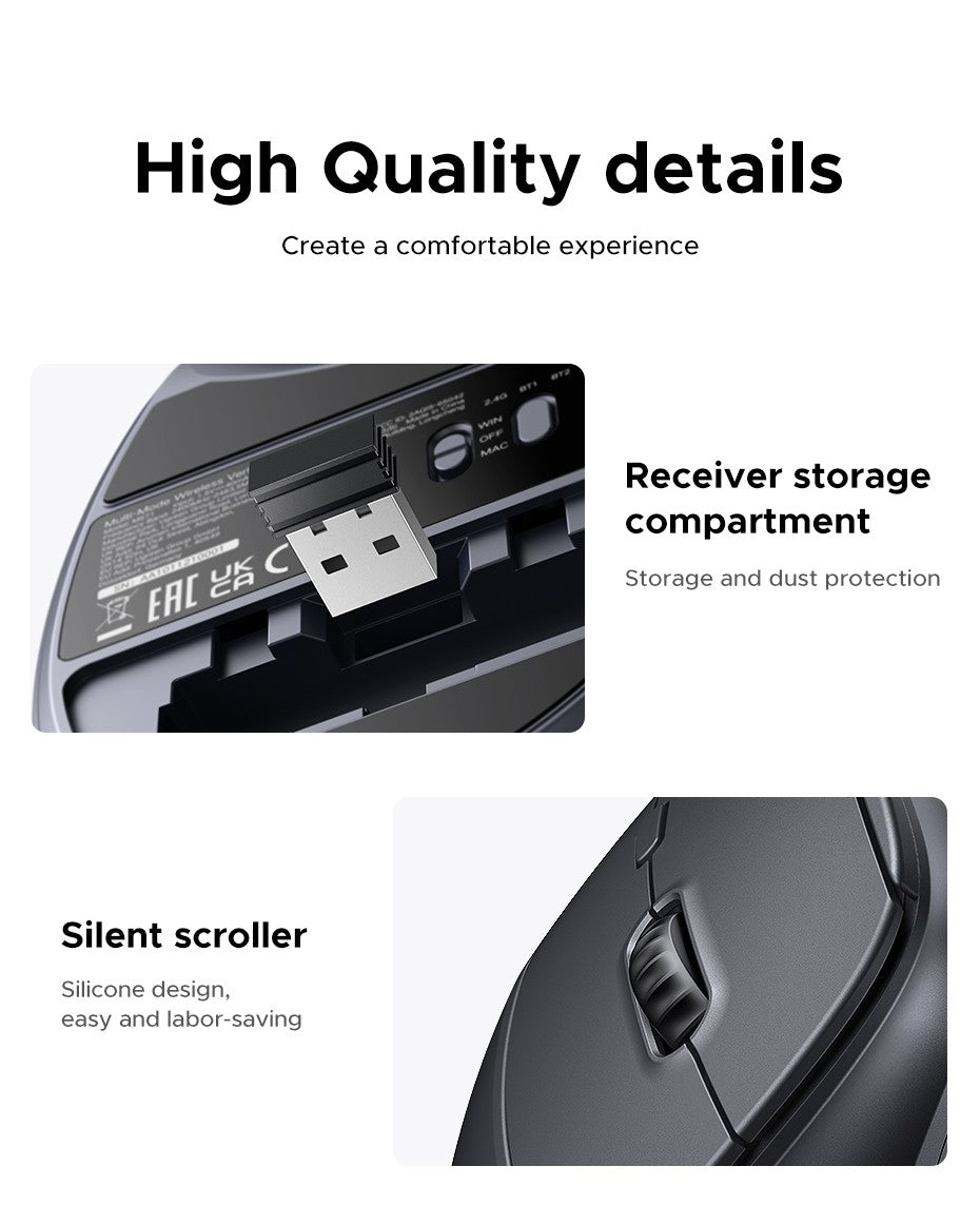 Mouse Sem Fio Vertical UGREEN 2.4G Ergonômico 4000DPI 6 Botões Silenciosos para MacBook, Tablet, Notebooks, Computador, PC, Mouse Preto e Rosa