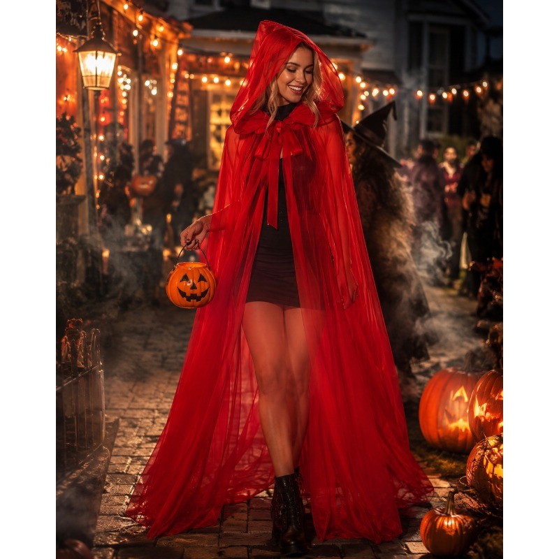 Halloween Ghost Cosplay Outfit Long Mesh Hooded Cloak Grim Reaper Witch Costume For Stage Performance Party Show
