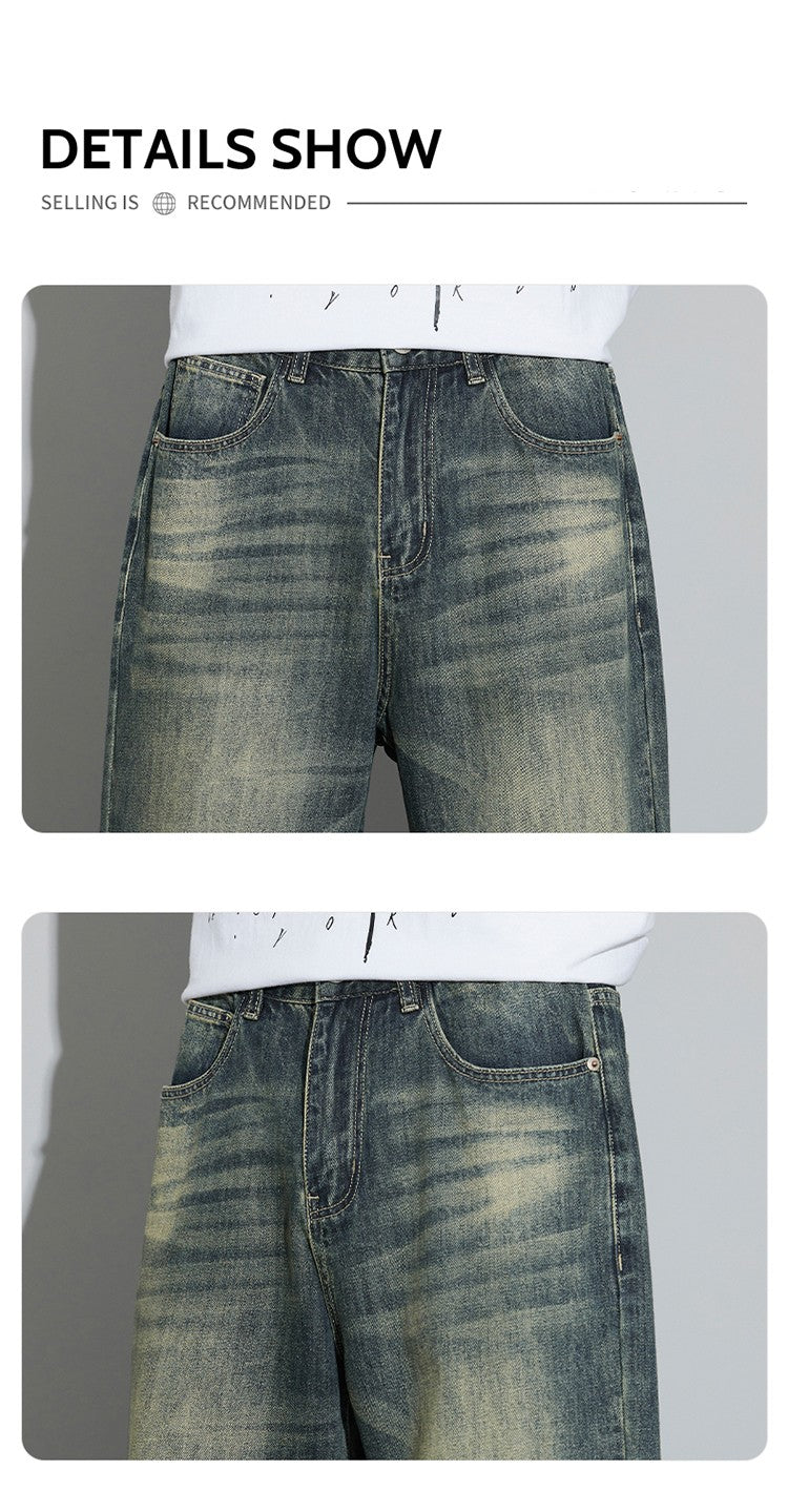 Calças Jeans Masculinas Folgadas de Algodão Perna Larga Retrô Estilo Urbano Coreano Reta Lavada Calças Jeans de Marca de Alta Qualidade