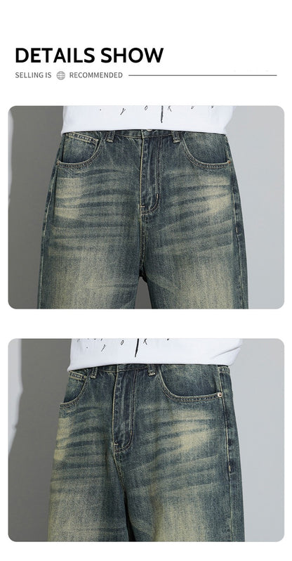Calças Jeans Masculinas Folgadas de Algodão Perna Larga Retrô Estilo Urbano Coreano Reta Lavada Calças Jeans de Marca de Alta Qualidade
