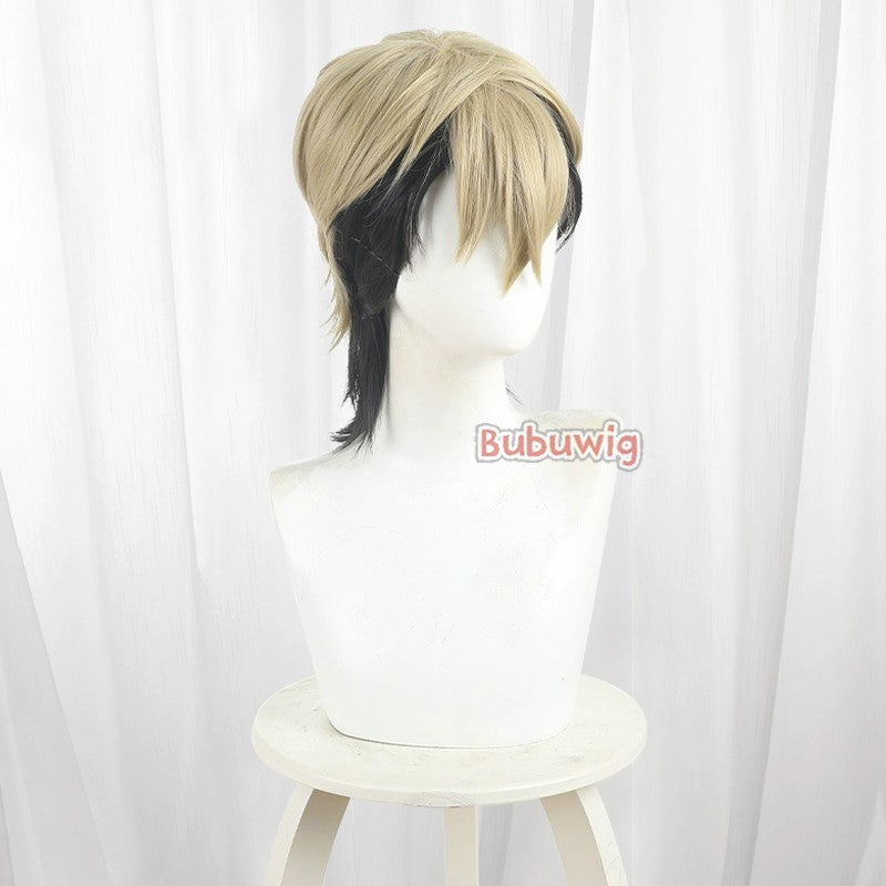Peruca de Cosplay Zanka Nijiku de Cabelo Sintético Bubuwig Perucas de Anime Gachiakuta Zanka Nijiku Peruca Curta Loiro Misto Preto de 30cm Resistente ao Calor