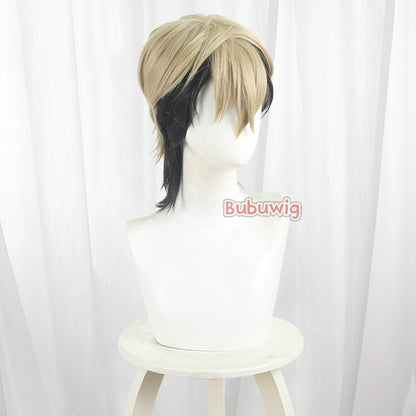 Peruca de Cosplay Zanka Nijiku de Cabelo Sintético Bubuwig Perucas de Anime Gachiakuta Zanka Nijiku Peruca Curta Loiro Misto Preto de 30cm Resistente ao Calor