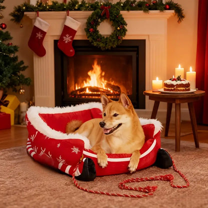 Cama Trenó de Natal Sofá Quente para Animais de Estimação de Pelúcia Removível e Lavável com Base Antiderrapante Ninho de Gato e Cachorro de Natal para Inverno Interno e Externo