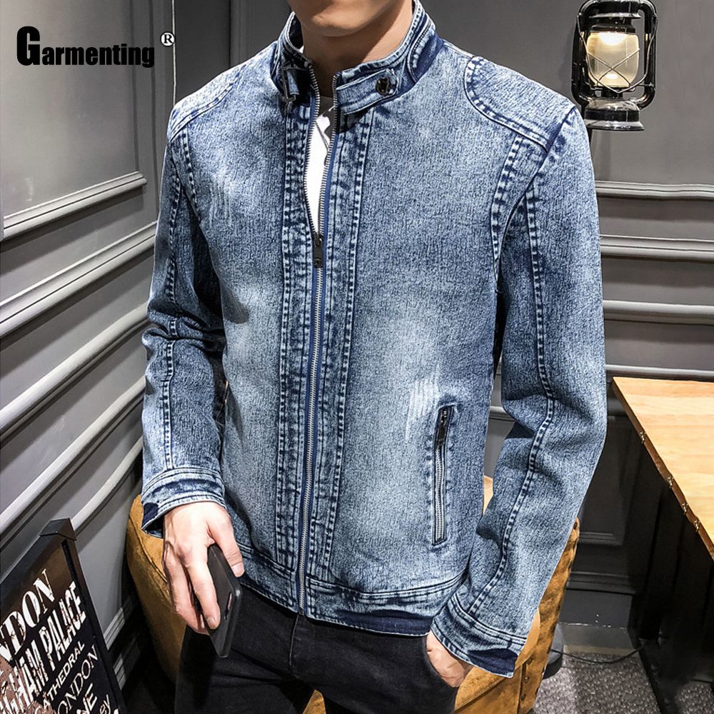 Garmenting Men Demin Jackets Trendy 2021 Autumn Winter Mandarin Collar Outerwear Zipper Up Demin Jacket Slim Fitted Male Clothes