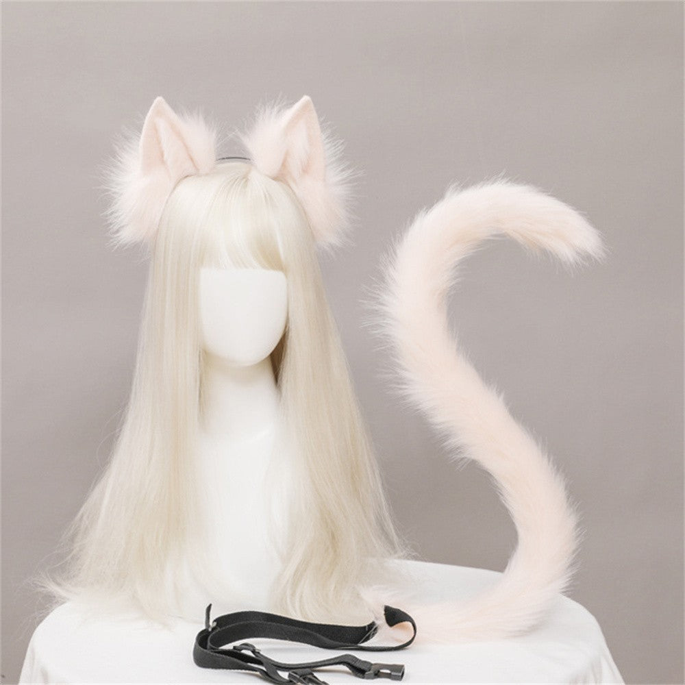 2Pcs/set Plush Cat Ears Tail Set Realistic Lolita Headband Cat Tail Cosplay Props Hand-made Simulation Animal Ears