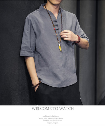 2023 Men Summer Cotton Linen Tang Shirt Men Chinese Style Button Short-Sleeved Shirts Male Blouse Vintage Kung Fu Hawaiian Shirt