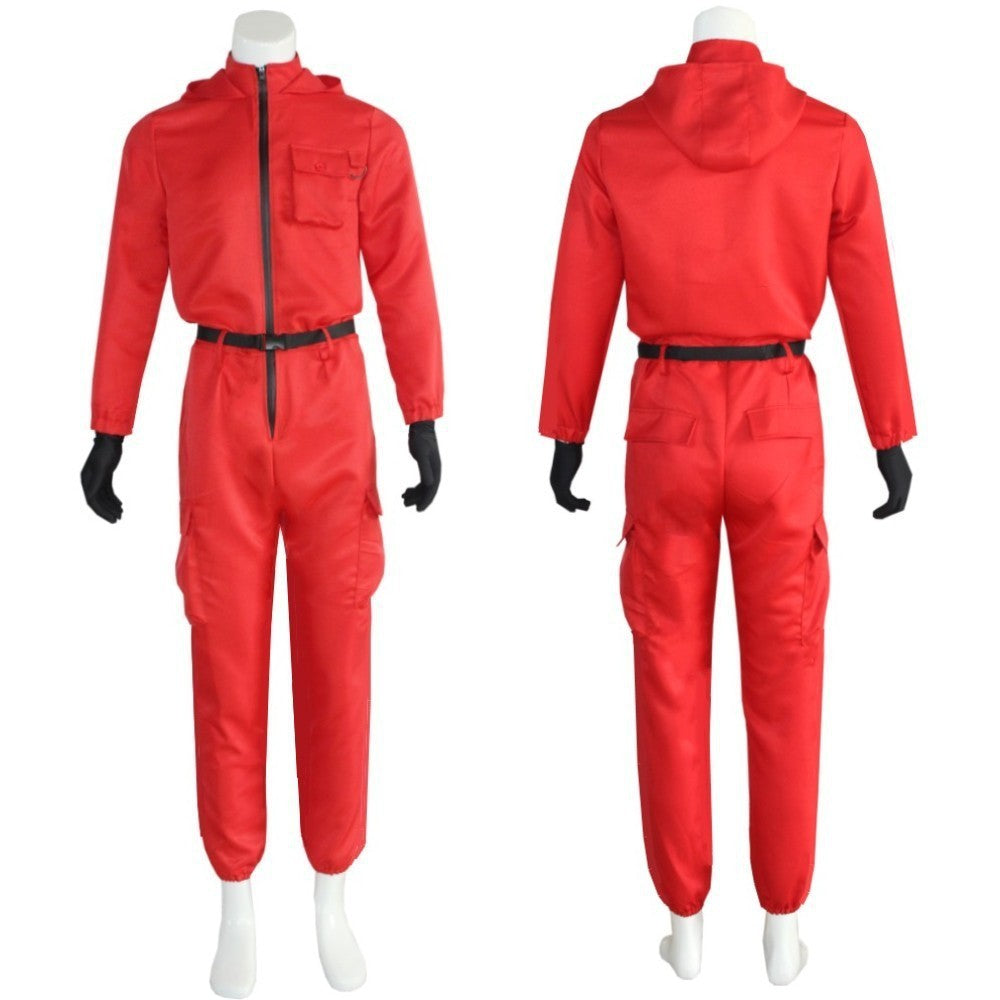 Adult Calamari Game Costume Guard Cosplay Jumpsuit Outfit Teenagers Tracksuit Hooded Overall Belt Gloves Mask Set Halloween