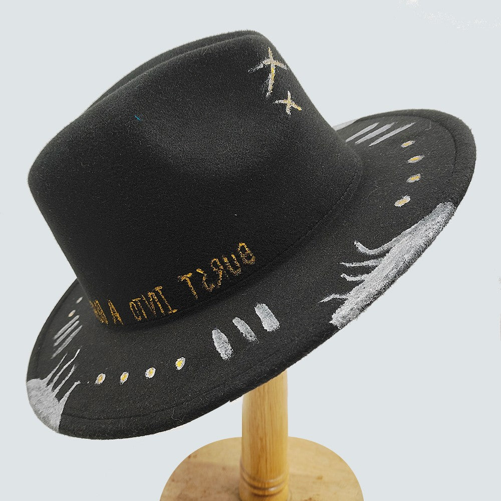 Chapéu Fedora Pintado à Mão Masculino e Feminino Chapéu Panamá Moda Primavera Outono com Pena Envolta Chapéu Fedora de Lã com Aba Grande