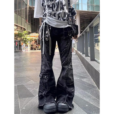 Women's Y2k Baggy Flare Jeans Harajuku Japanese 2000s Style Patchwork Denim Trouser Vintage Oversize Cargo Jeans Pants Clothes