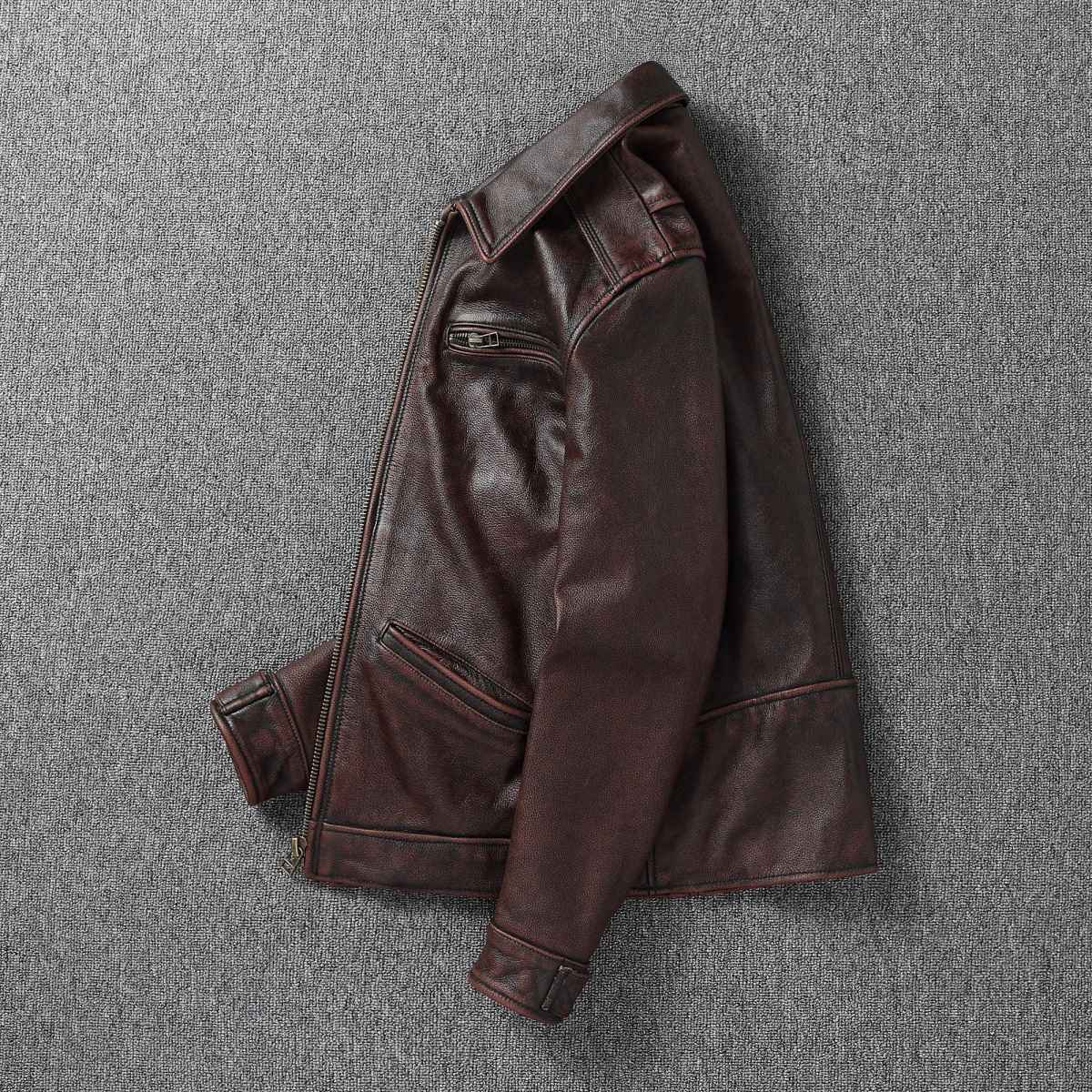 2025 New 1930s-Style Heavy Wash Leather Jacket for Men - Stone-Aged Vintage Distressed Full-Grain Cowhide Biker Coat