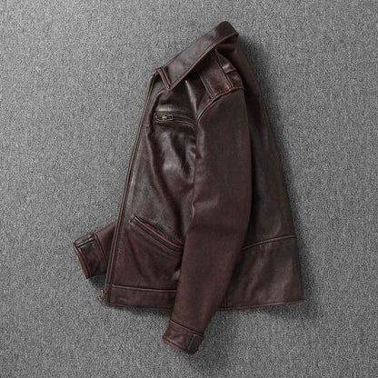 2025 New 1930s-Style Heavy Wash Leather Jacket for Men - Stone-Aged Vintage Distressed Full-Grain Cowhide Biker Coat
