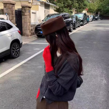 Autumn Winter Women Wool Fedoras Hats Elegant French Hard Top Concave Top Felt Berets Hat  Wedding Fascinator Party Pillbox Cap