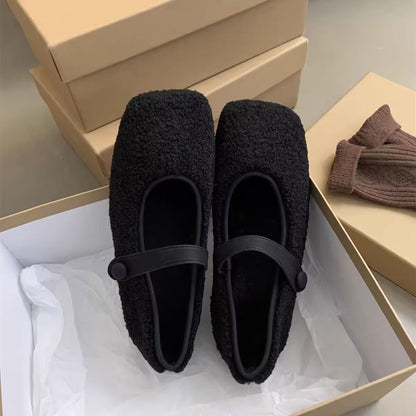 Square Toe Cosy Lambswool Ballet Flats Woman Warm Teddy Fur Mary Jane Shoes Ladies Brand Design Elegant Fluffy Plush Loafers