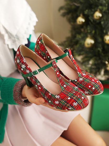 Snowflake Striped Printed Fabric Christmas New Year High Heels Women's Shoes Tapered Thick Heel T-Shaped Strap Buckle Pumps