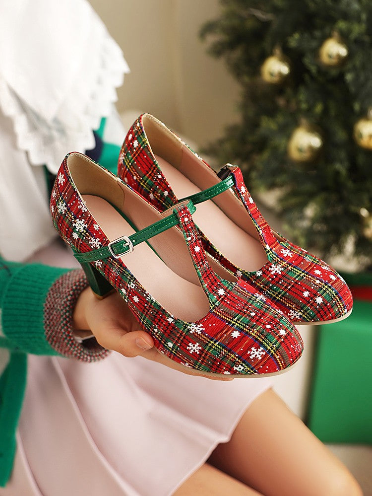 Snowflake Striped Printed Fabric Christmas New Year High Heels Women's Shoes Tapered Thick Heel T-Shaped Strap Buckle Pumps